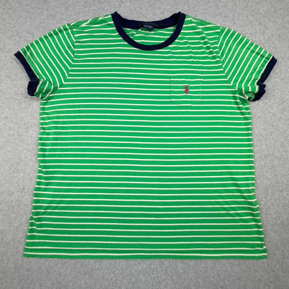 Ralph Lauren Womens XL Green White Striped Ringer T-Shirt Pink Pony Pocket Tee